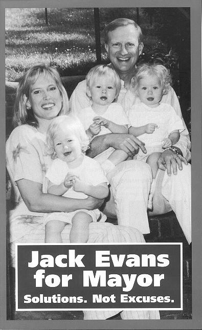 Front page of brochure, photo of Evans and family