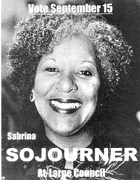 Front of postcard flyer, Sabrina Sojourner photograph